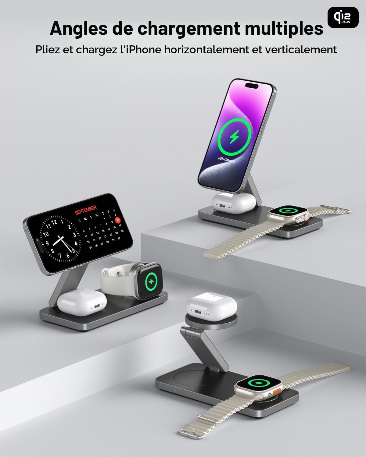 Qi2 25W 3 en 1 Station de Charge Magnétique pour iphone 17e/17/16/15/14/13/12/Air, Compatible avec Apple Watch 11/10/Ultra/SE Pods Pro, Chargeur Pliable avec Adaptateur