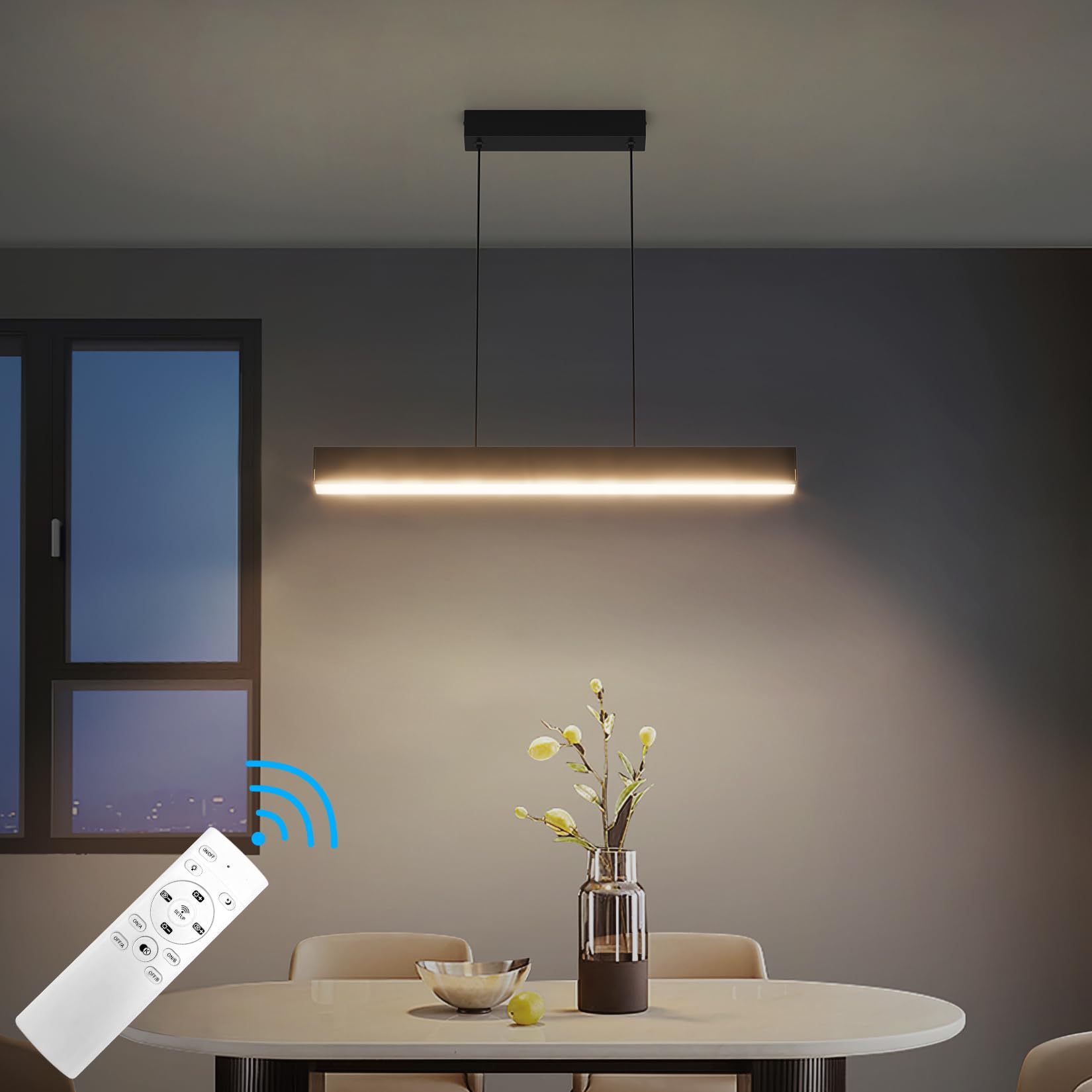 Klighten LED Pendelleuchte, Esstisch, dimmbar, 3000K-6000K, mit Fernbedienung, moderne Pendelleuchte, lineare Deckenleuchte, Höhe 150 cm, verstellbar, für Küche, Wohnzimmer, Schwarz, 60/20W