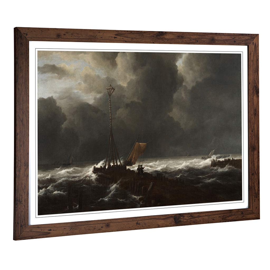 Big Box Art Framed Print of Jacob Ruisdael Rough Sea at a Jetty Design | Wall Art Picture | Home Decor for Kitchen, Living Room, Bedroom, Hallway, Walnut, A2 / 24.5x18 Inch / 62x45cm