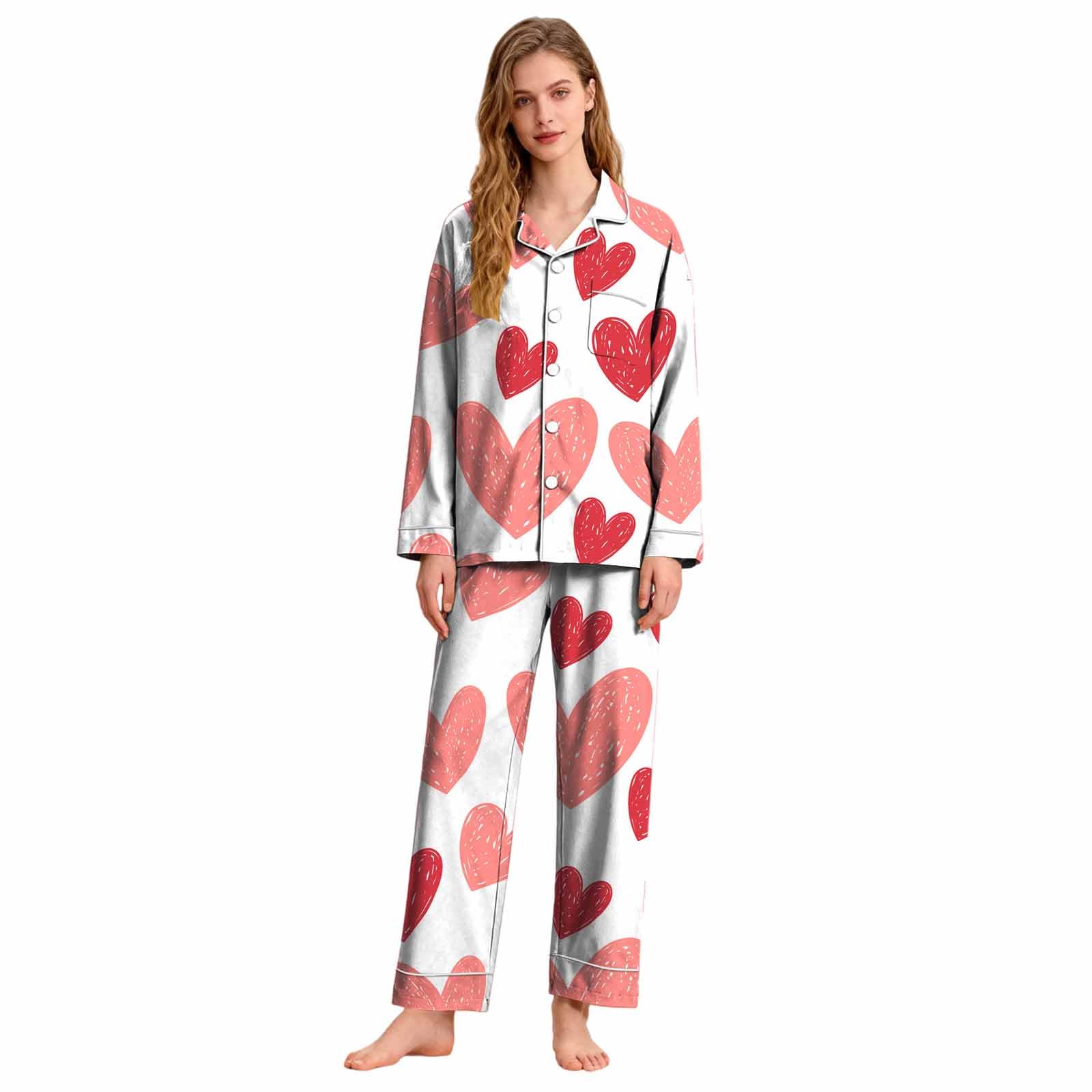 Ensemble de pyjama long pour femme avec motif - Pyjama multicolore - Deux pièces | Ensemble de nuit soyeux ultra doux à manches longues à revers, chemisier simple boutonnage et pantalon long ample avec poches