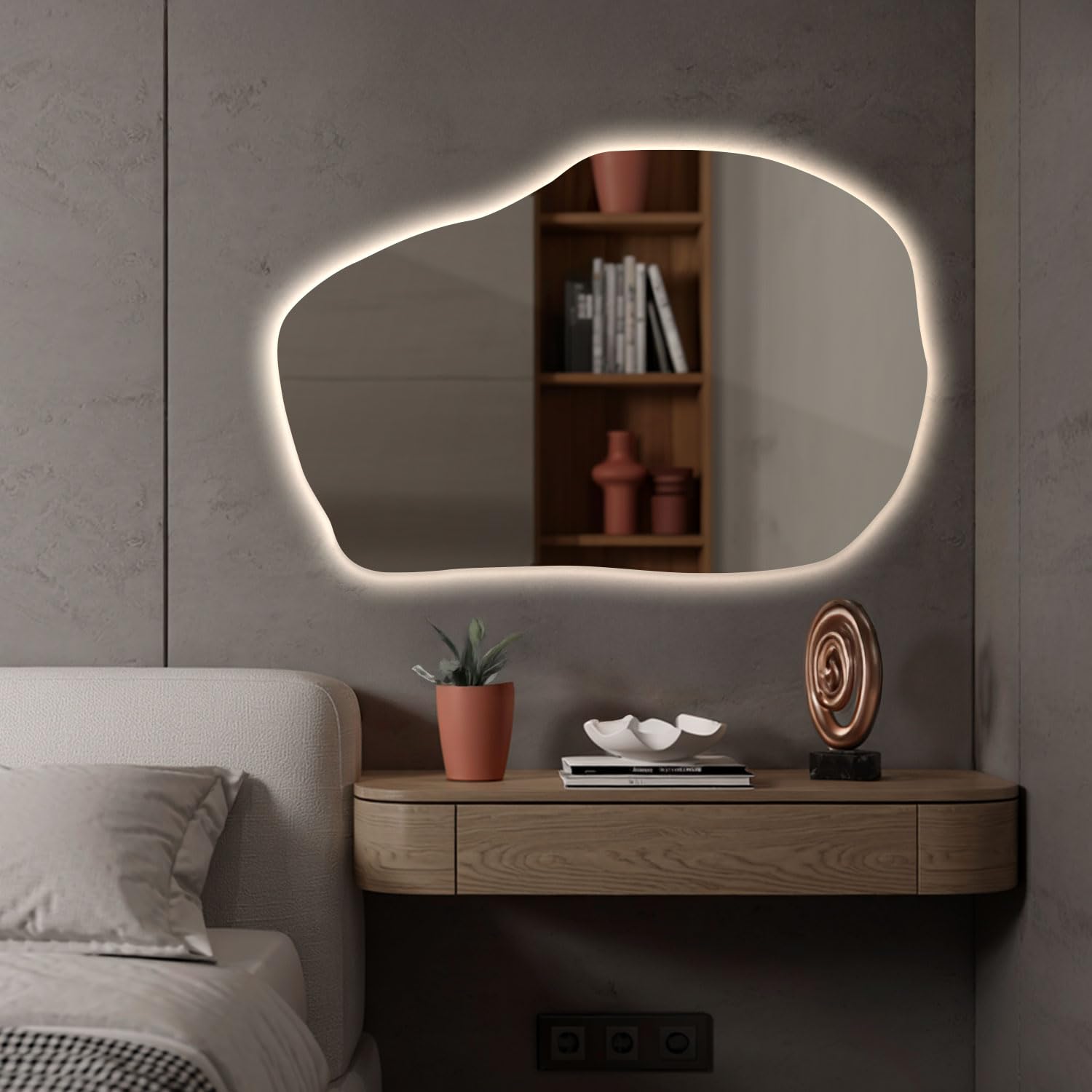 Tulup Specchio per Vestirsi 100x65 cm Illuminato con Luci a LED Luce Neutro Forma Irregolare Asimmetrico Senza Cornice con Illuminazione per Soggiorno, Bagno, Camera da Letto, Corridoio