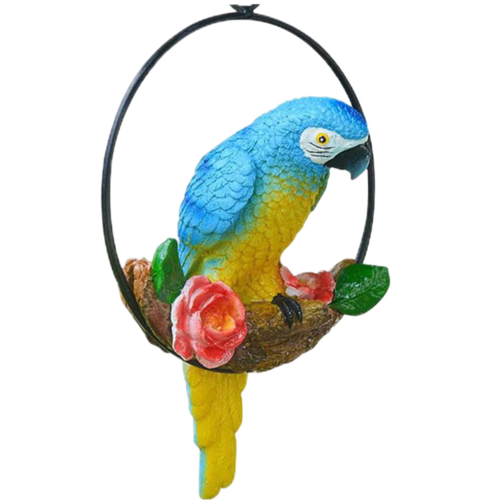 Pineeseatile Resin Hanging Parrot Garden Decor Statue, Parrot On Perch Waterproof Sculpture Ornament for Patio Lawn Outdoor Landscape Decoration, Blue