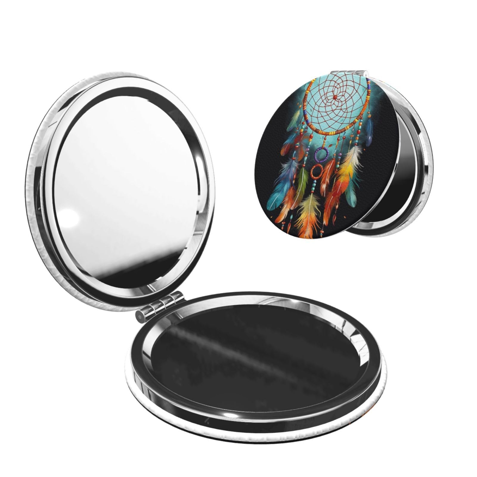 DWVTSLH Feathers Dream Catcher Compact Mirror for Purse, Double-Sided 2X/1X Magnifying Mirror for Women Men, Travel Makeup Mirror for Handbag, Handheld Vanity Mirror for Gift