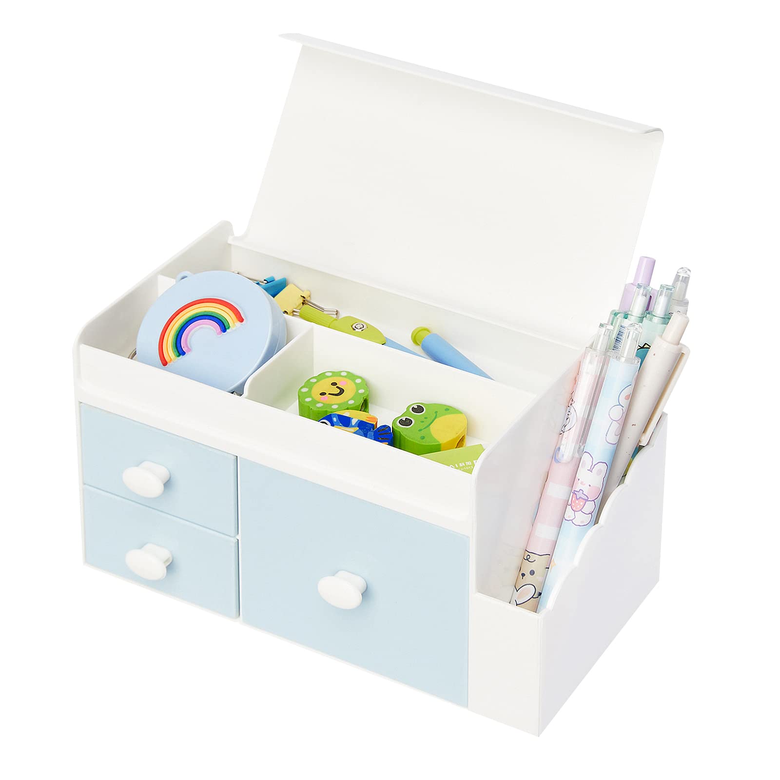Desk Organizer with 3 Drawers, Makeup Storage Box with Lid, Office School Home Stationery Supplies Plastic Organizers, Desktop Organizer for Pen Pencil Marker (White w Blue Drawers)