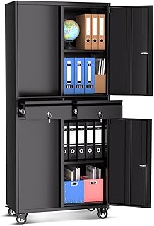 Metal Storage Cabinet, 73''with Wheels, Lockable Doors, 2 Drawers, and Adjustable Shelves for Garage, Workshop, or Office - Black
