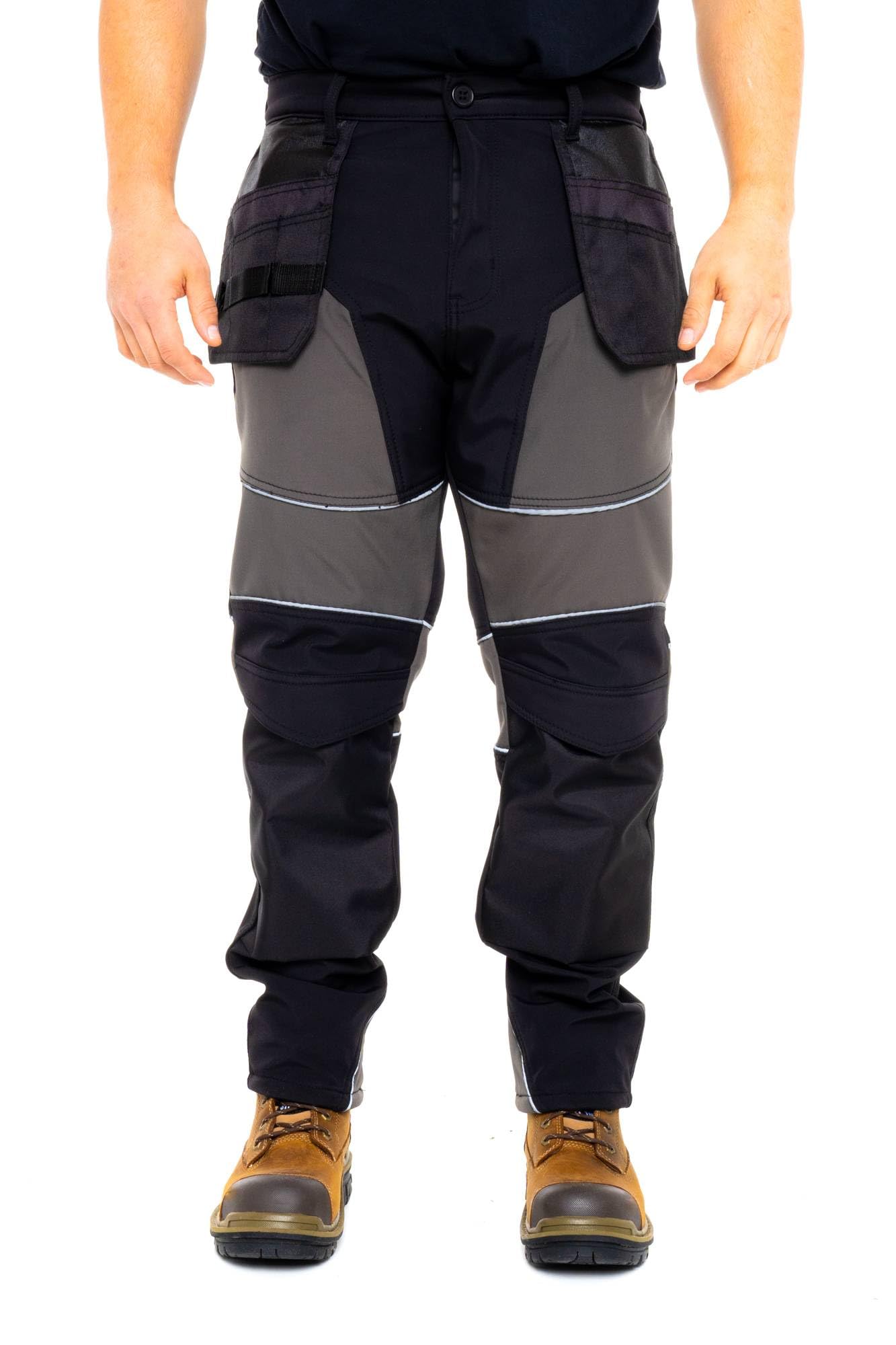 Sam Caan® Hi Vis Mens Work Trousers Softshell Men High Visibility Viz Reflective Water Resistant Cargo Rain Proof Repellent Windproof Safety Site Work Wear Builder Pants Workwear Holster Pocket