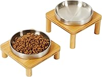 Vista 1 de Cuencos elevados para gatos de interior – Soporte elevado de bambú para gatos con platos de acero inoxidable de 5.5 pulgadas de ancho, plato de mesa