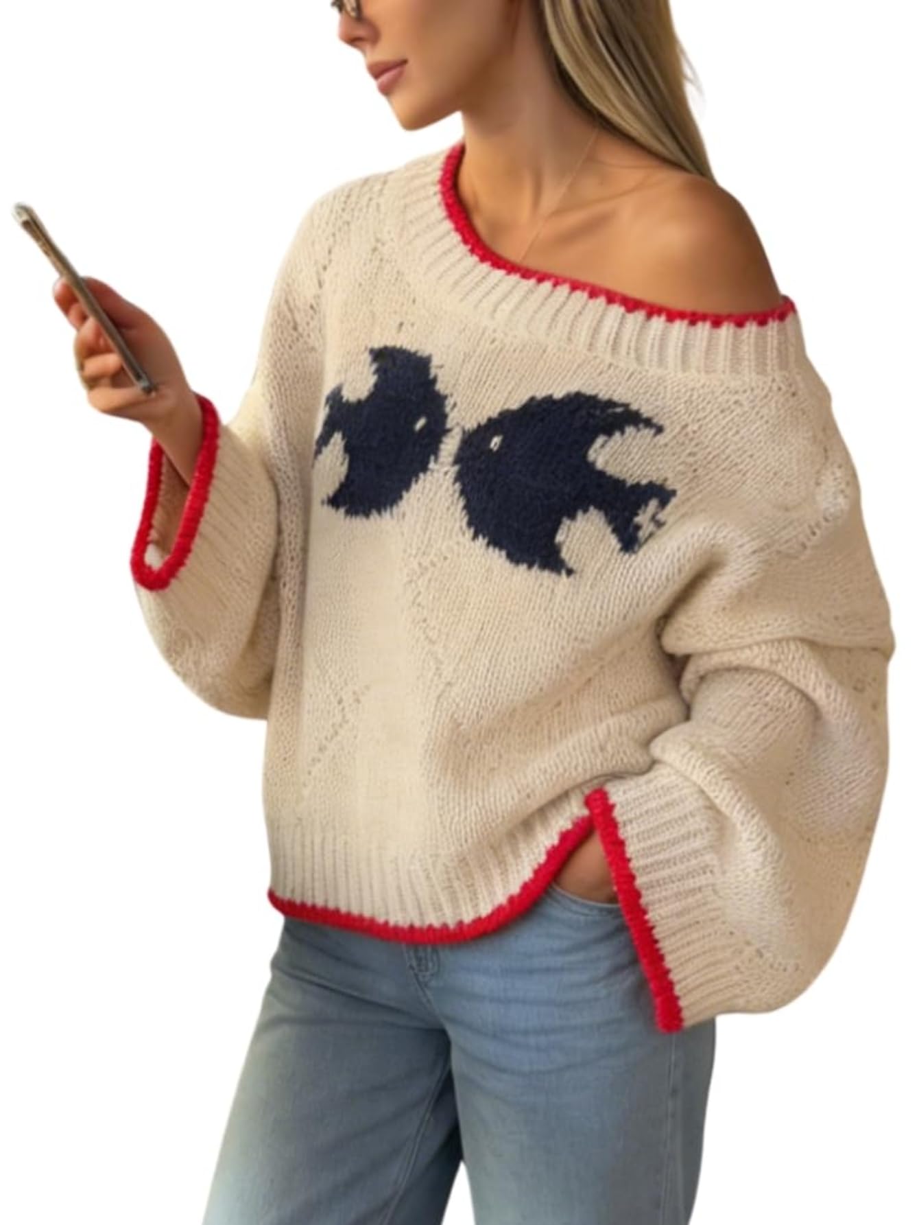 Verdusa Womens Oversized Off The Shoulder Sweater Fish Print Fall Argyle Knit Pullover Tops Winter Clothes