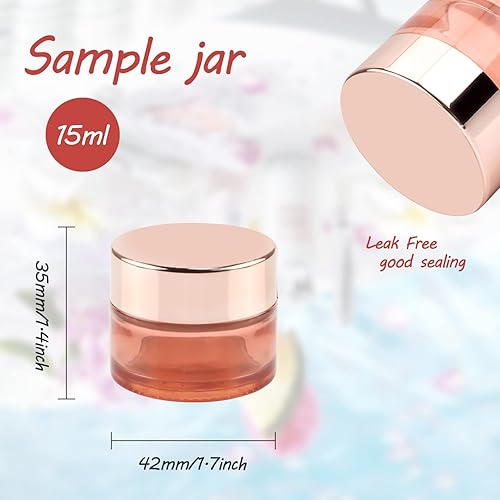 Miniatura 4 de 12 frascos de vidrio rosa de 0.5 onzas, tarros de crema vacíos recargables con tapas de oro rosa y forro interior, frascos de muestra para