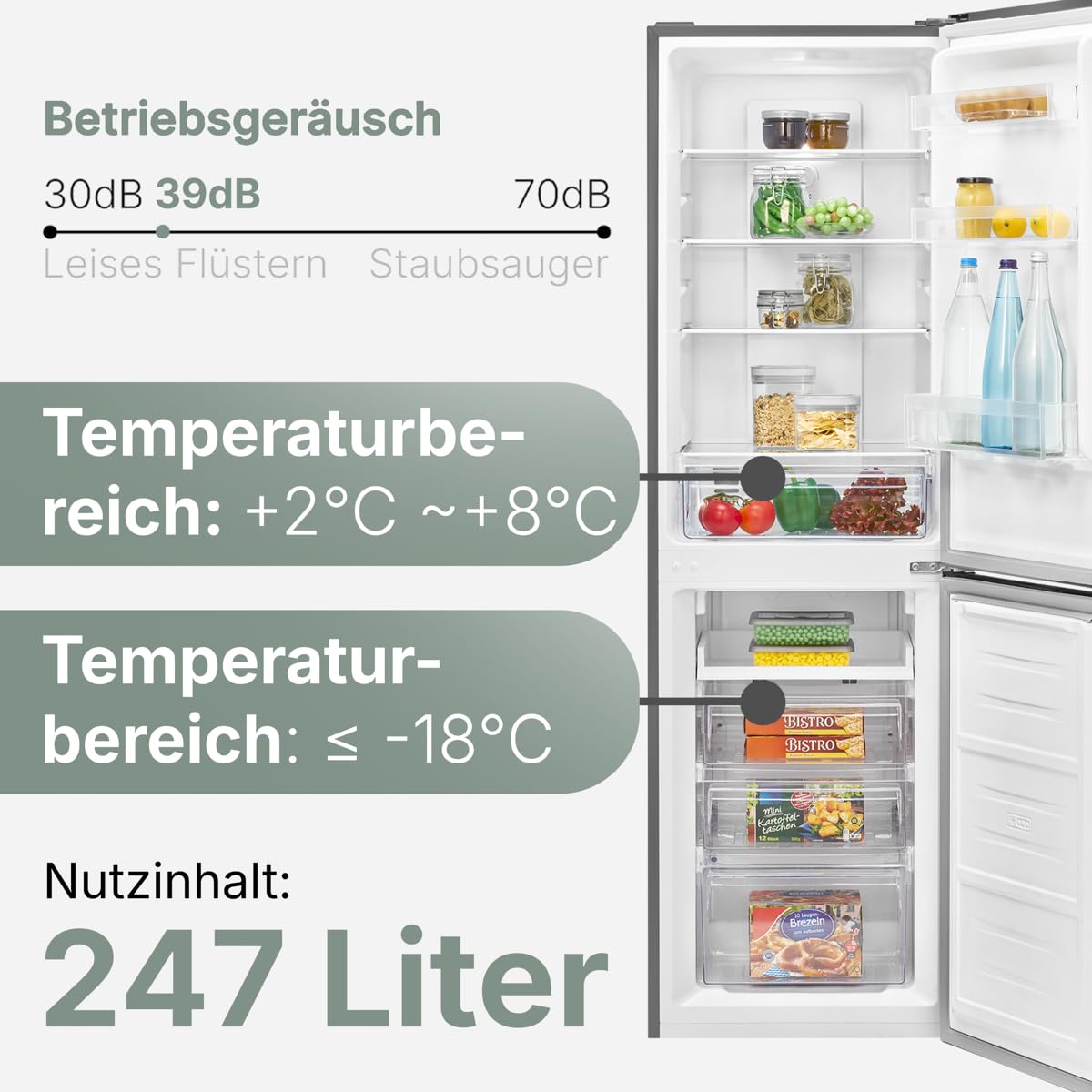 Bomann Kühlschrank mit Gefrierfach | Energieklasse D | 181cm | No Frost | leise 39 dB | Kühl Gefrierkombination No-Frost | 4 Ablagen & 3 Schubladen | 247L Kühlgefrierkombi | KG 7360 inox