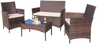 Homall 4-Piece Rattan Patio Conversation Set - Outdoor Wicker Chairs, Loveseat & Tempered Glass Table, Brown/Beige