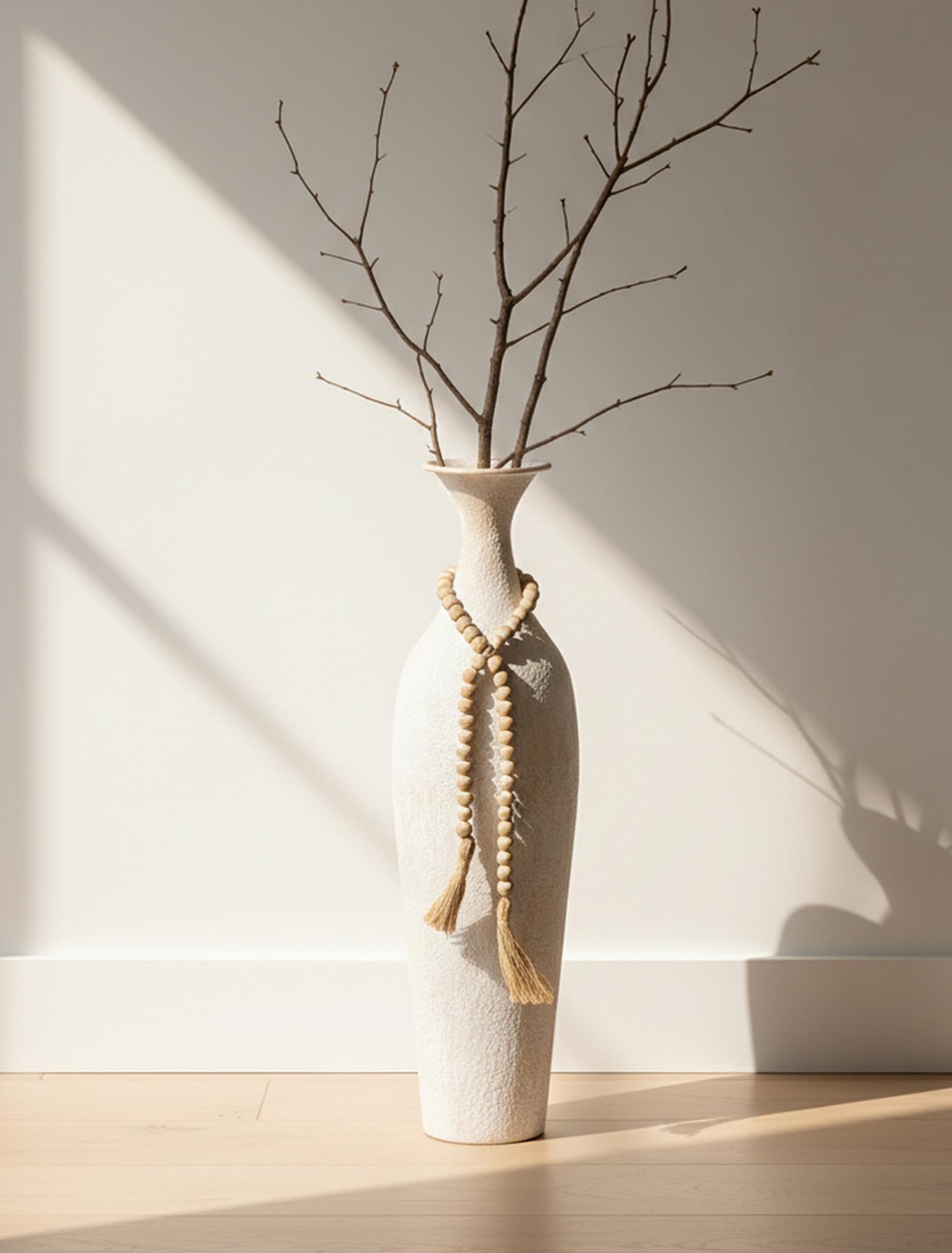 Sziqiqi Vaso da Terra Alto Bianco: 60 cm Grandi Vasi Rustica con Perline Boho per Pampas Piante Finte - Metallo Vaso Alto da Interno per Decorazione Casa Soggiorno Stile Farmhouse Camino