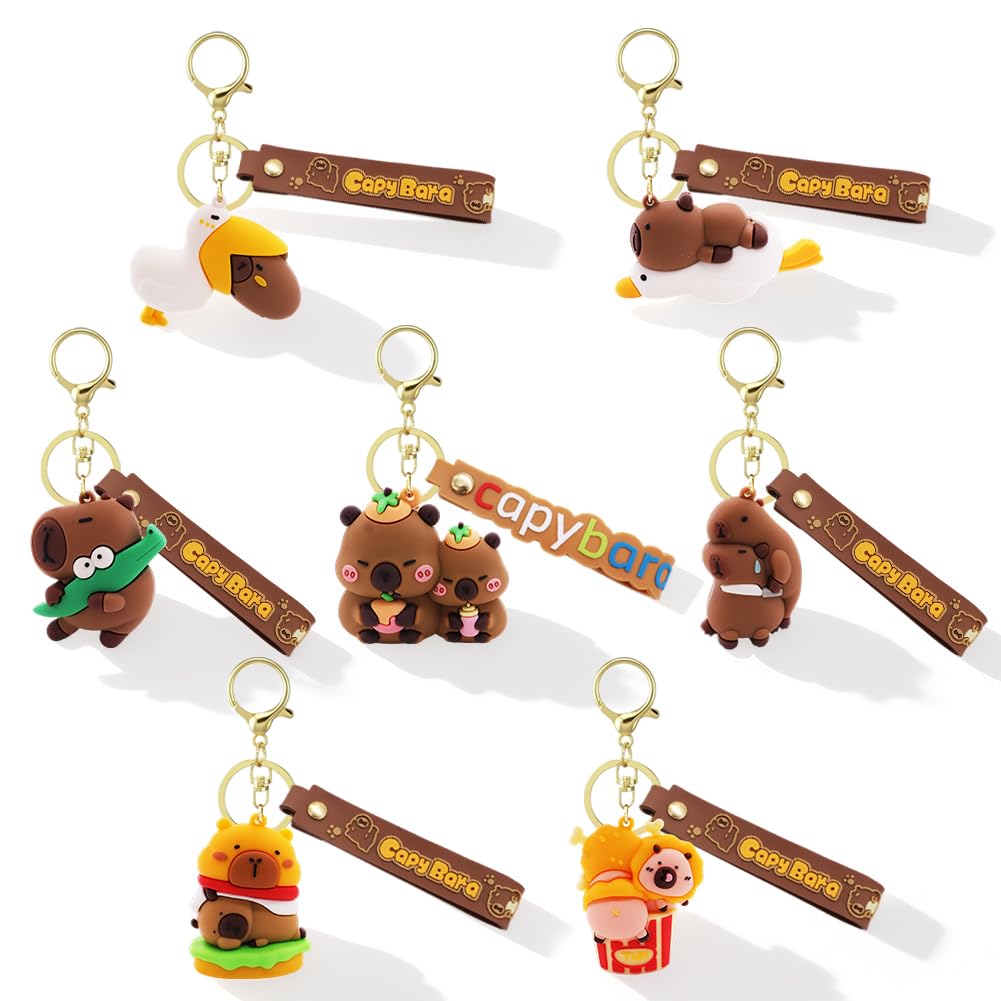 Vexthorion Unisex Brown Capybara Keychains - 7Pcs Capybara Key Ring, Cartoon Animal Figure Keyring Pendant For Backpack Capybara Car Key Holder Cute Backpack Bag Keychain Charm Women Gifts (7C)