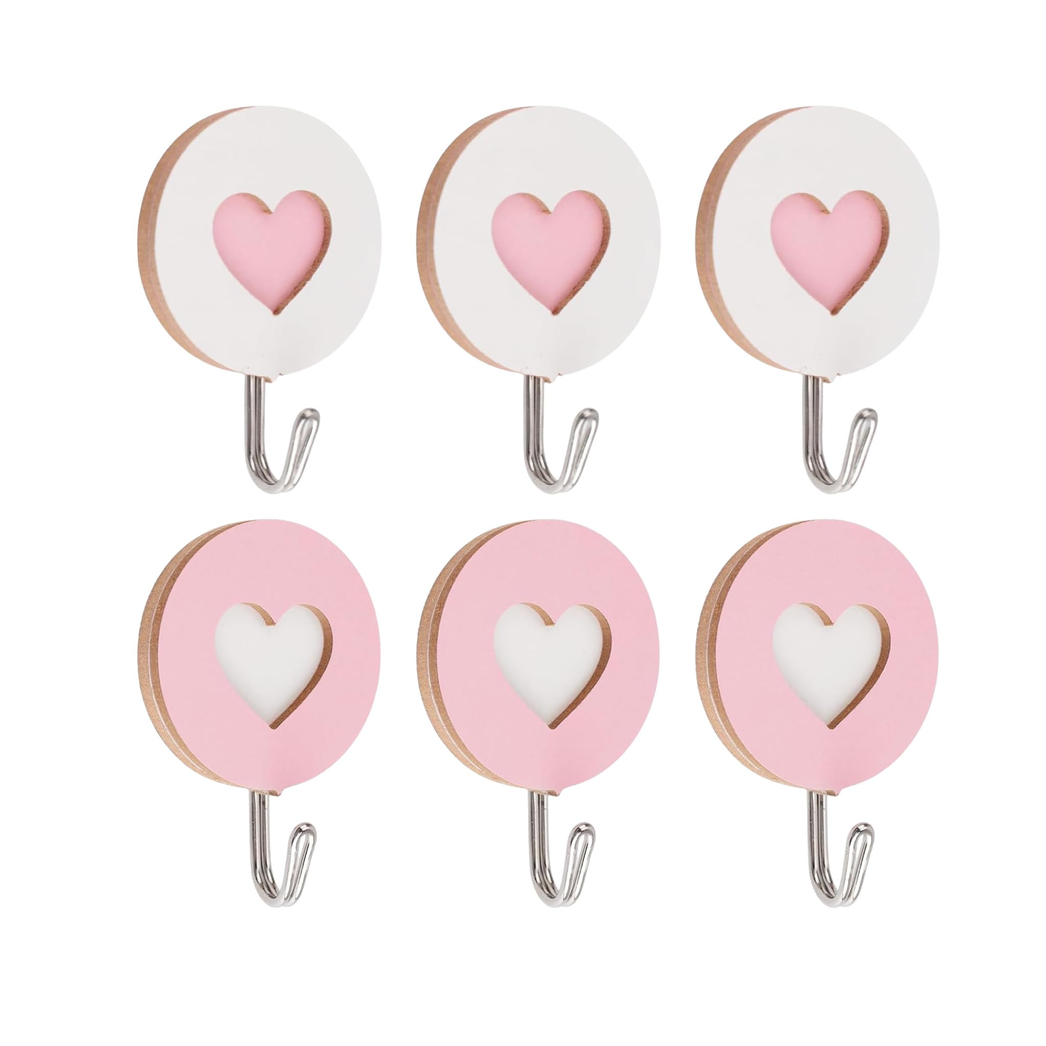 Valicaer Wooden Heart-Shaped Self-Adhesive Hooks, 6pcs No Drill Wall Hooks, Pink and White Decorative Sticky Hooks for Keys, Coats, Towels - Suitable for Bathroom, Kitchen, Bedroom, Office