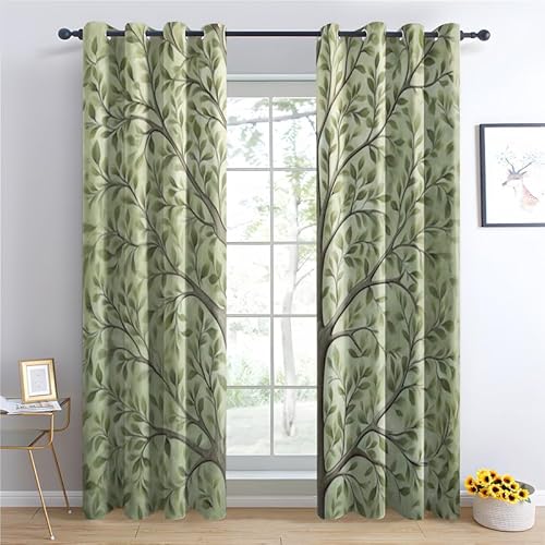 SZLYZM Tree Blackout Curtains, Green Leaf Bedroom Curtains & Living Room Curtains 90x90 Inch 2 Panels Set, Thermal Eyelet Drapes Decorative Patterned Window Treatments 90 Drop - Image 3