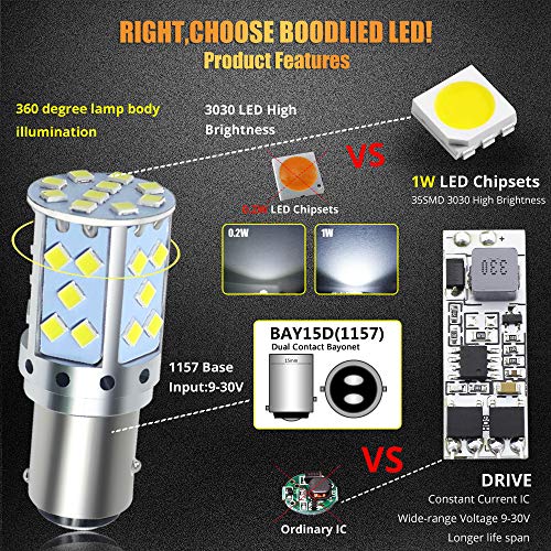 BOODLIED 17.6Watts 9-30V Super Bright 1157 BAY15D 2357 2057 LED Bulbs 3030 35SMD Chips 2800LM For Car RV Reverse Lights Turn Signal Light,Whie(2-Pack).