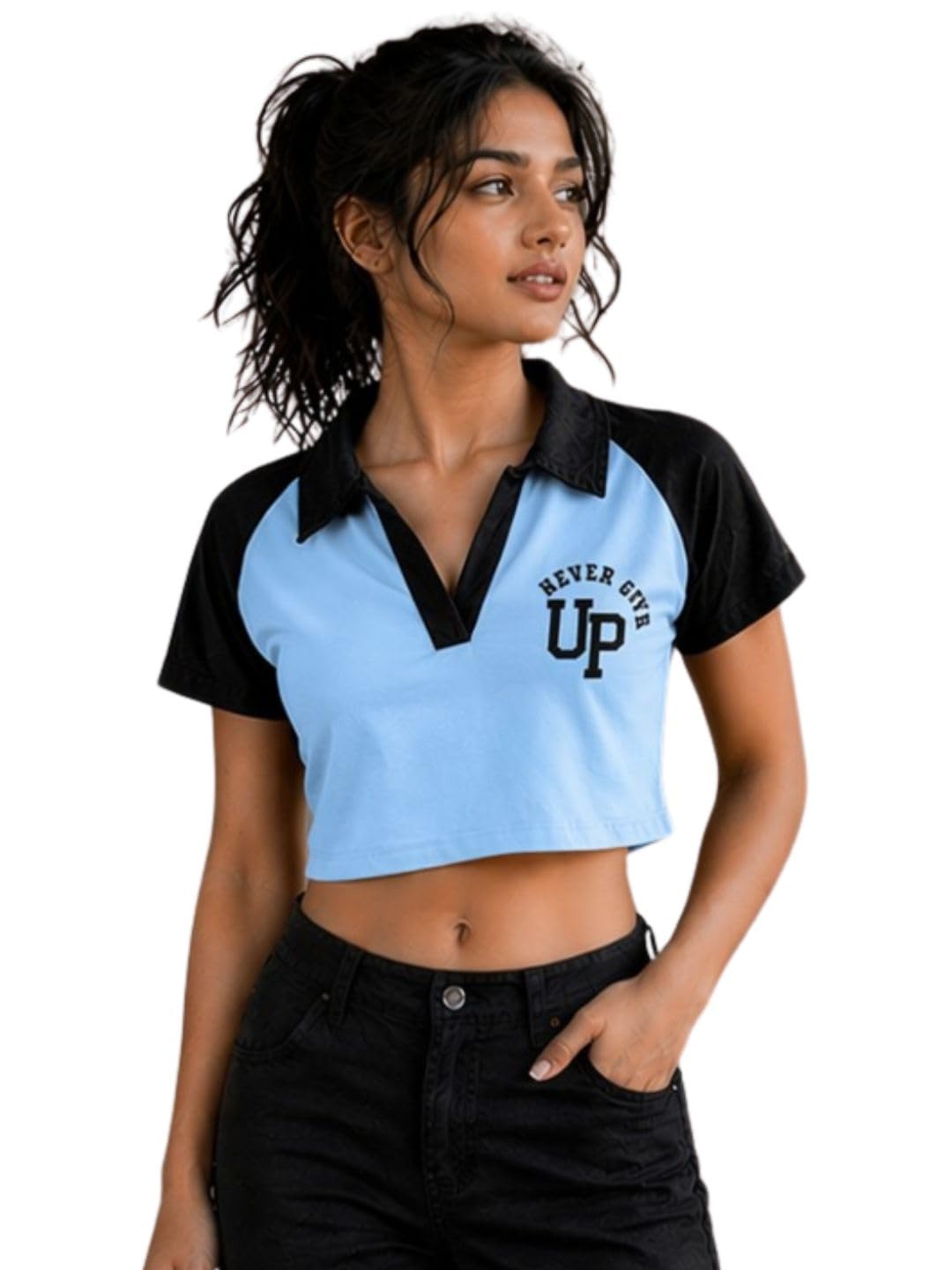 Women Sky Black Crop Polo T Shirt Stylish Casual Slim Fit Collar Top Trendy-picture-46