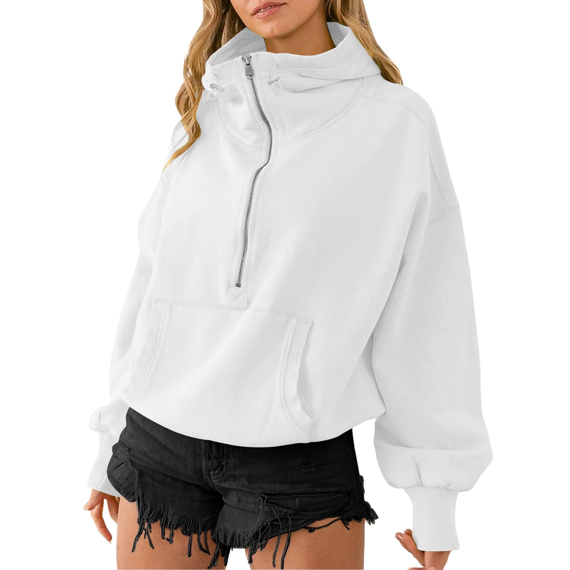 TBAHigh Neck Hoodies for Women Oversized Half Zip Drawstring Y2K Pullover Sweater Casual Long Sleeve Sweatshirt with Pockets