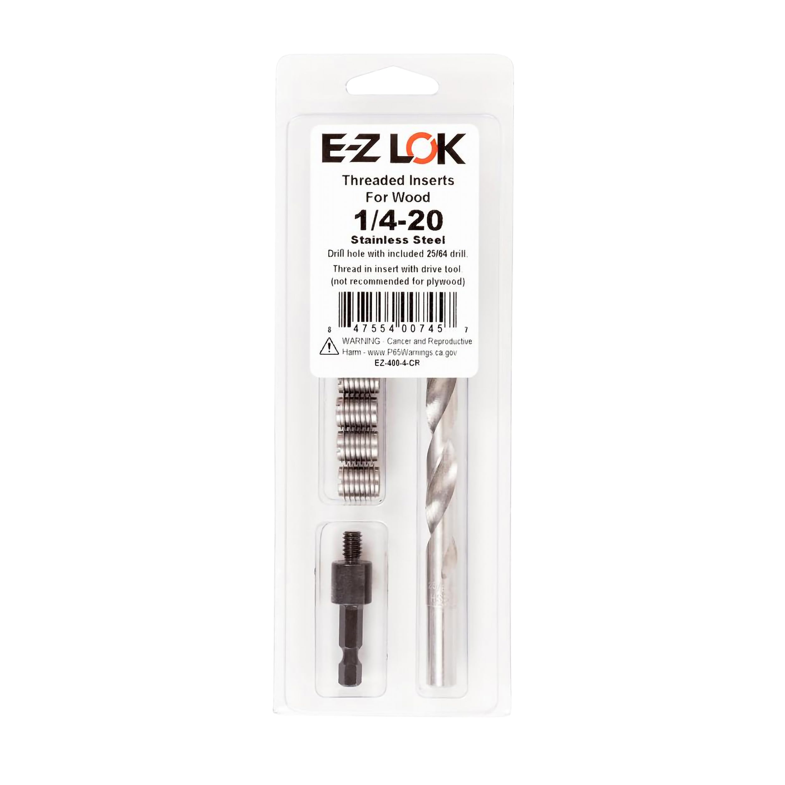 E-Z LOK 400-4-CR Threaded Inserts for Wood, Installation Kit, Stainless Steel, Includes 1/4-20 Knife Thread Inserts (6), Drill, Installation Tool
