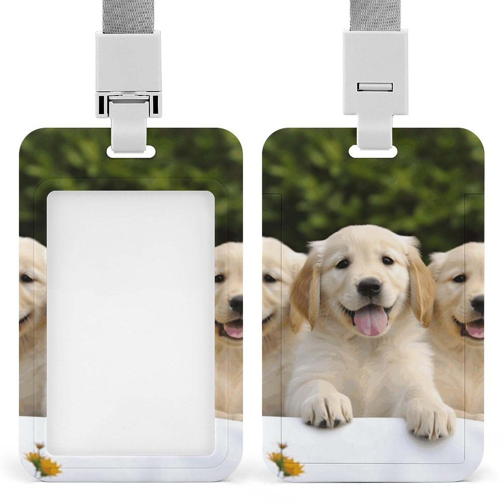 ID Card Holders for Lanyard,Golden Retriever Puppies Printed Badge Holder with Clear Window,Plastic Vertical Bus Pass Holders for Work Teacher Nurse Employees Proximity Key Cards Women Men — image 1