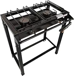 Fogão Industrial 2 Bocas Alta Pressão, Queimadores Ferro Fundido, 65x35x80cm, Preto, com Mangueira e Registro, Gás GLP