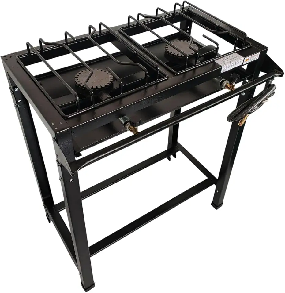 Fogão Industrial 2 Bocas Alta Pressão, Queimadores Ferro Fundido, 65x35x80cm, Preto, com Mangueira e Registro, Gás GLP