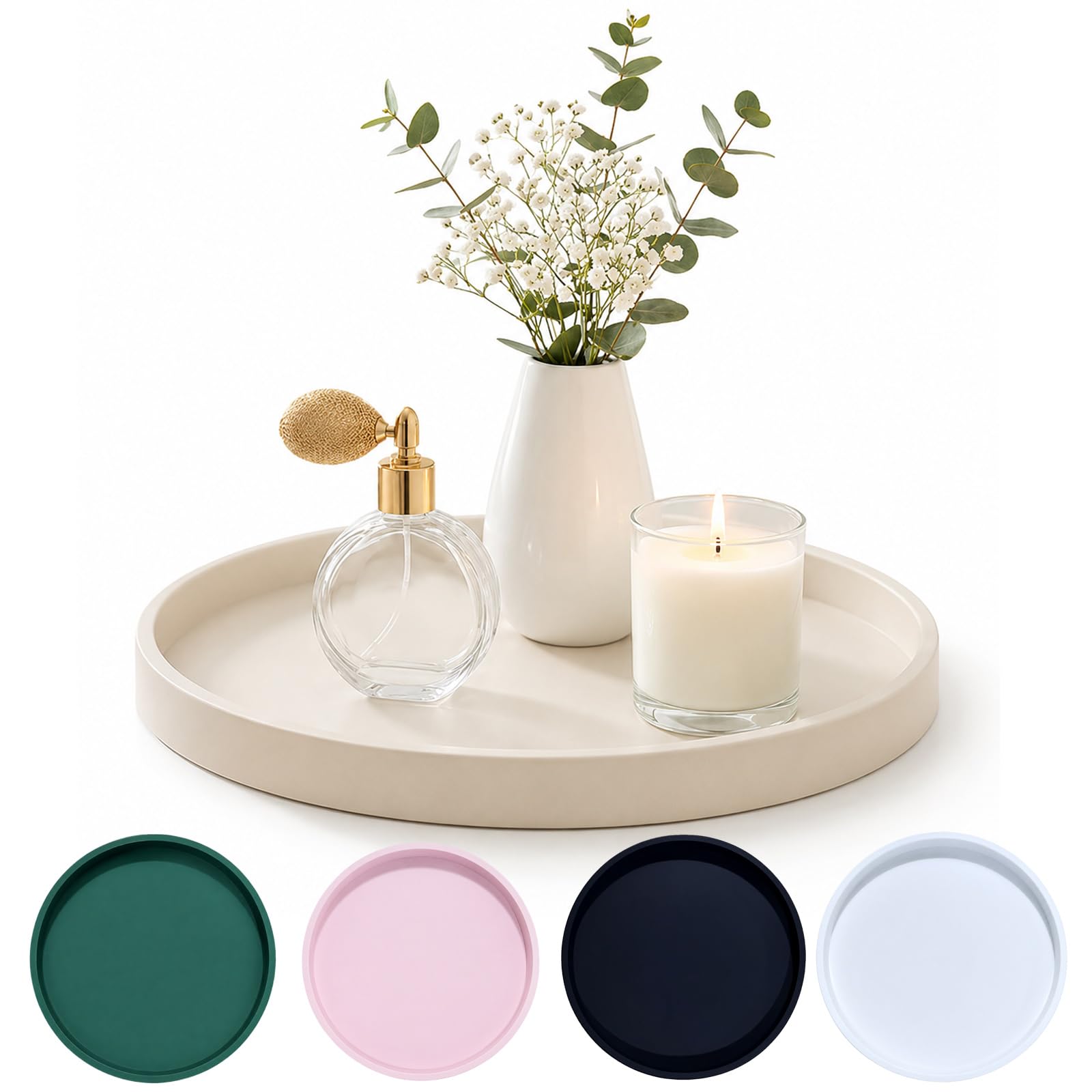 23cm Beige Round Silicone Decorative Tray - Perfume Organiser Anti Slip Waterproof Vanity Tray for Cosmetics Jewellery Keys Bathroom Coffee Table Decor (23cm Cream)