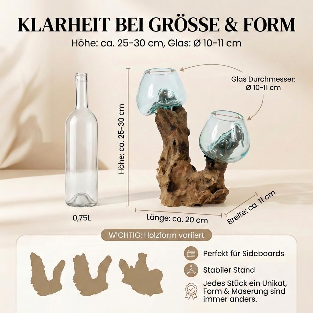 Doppel Glas-Vase auf Wurzel-Holz Gamal - Ø Glas 9-10 cm Handarbeit, Unikat aus Holz als Geschenk-Idee zur Dekoration Do10L