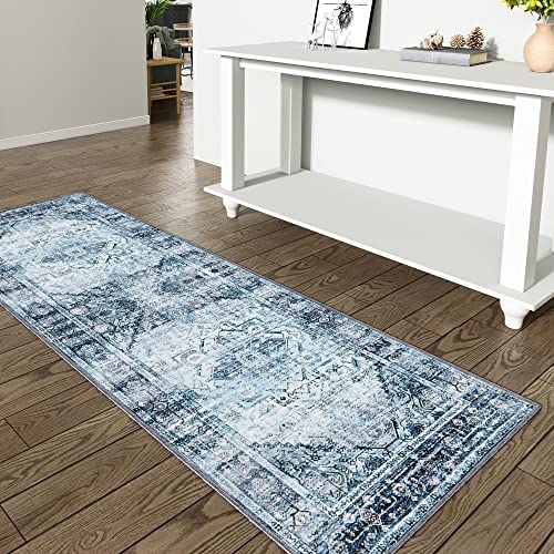 Brichoee Hallway Runner Rug 2.6X8 Ft Blue Anti-Skid Printed Persian Entryway Mat Machine Washable Vintage Home Decor Carpet Mat #TOP2
