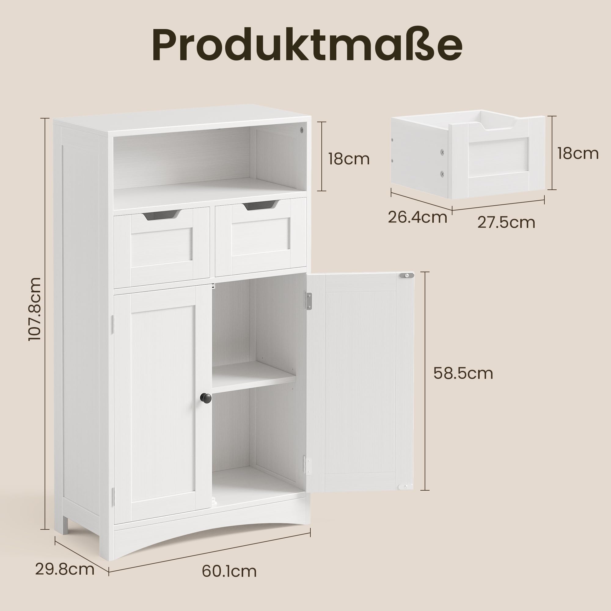 Bealife Badezimmerschrank mit 2 Schubladen, verstellbares Regal, multifunktional, für Badezimmer, Schlafzimmer, Flur (weiß, 60 x 30 x 108 cm) (weiß)