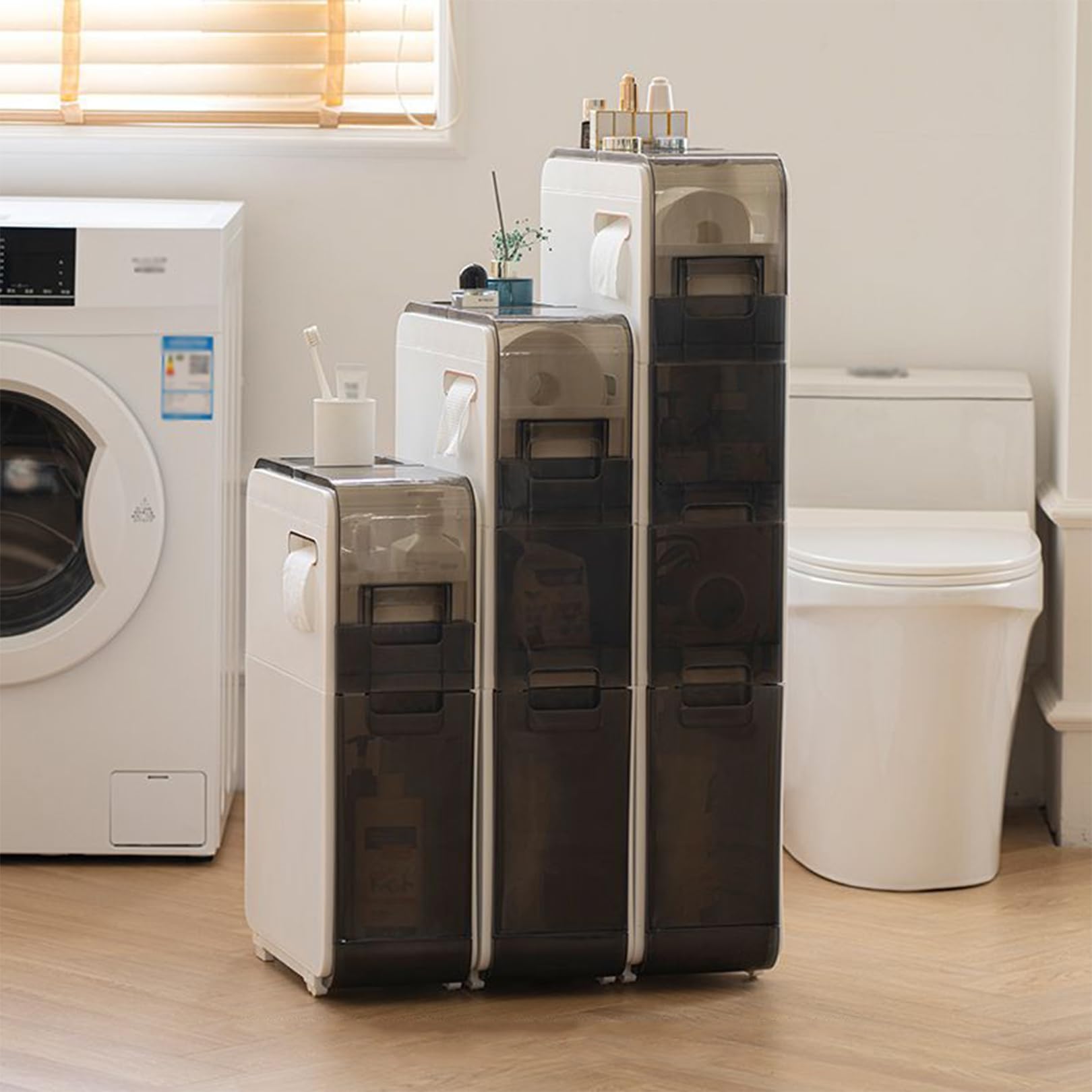 Cajones de almacenamiento apilables Gabinete de almacenamiento de piso de baño Estrecho con cajones de varias capas y 4 ruedas universales, unidad de almacenamiento de ba