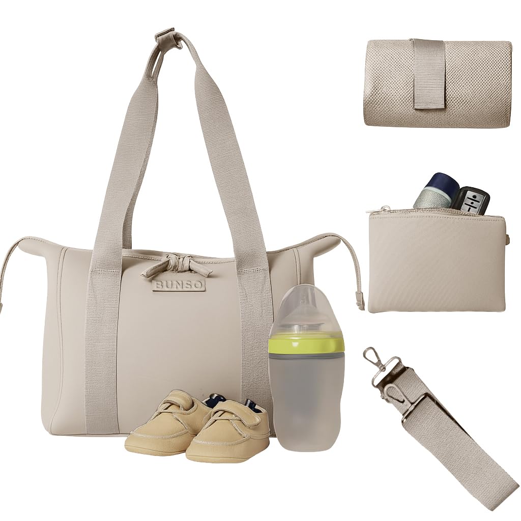 BUNSO Baby Small Diaper Bag Tote - Lightweight 12x7x8 in Neoprene Diaper Bag with Changing Pad and Pouch, Water-Resistant
