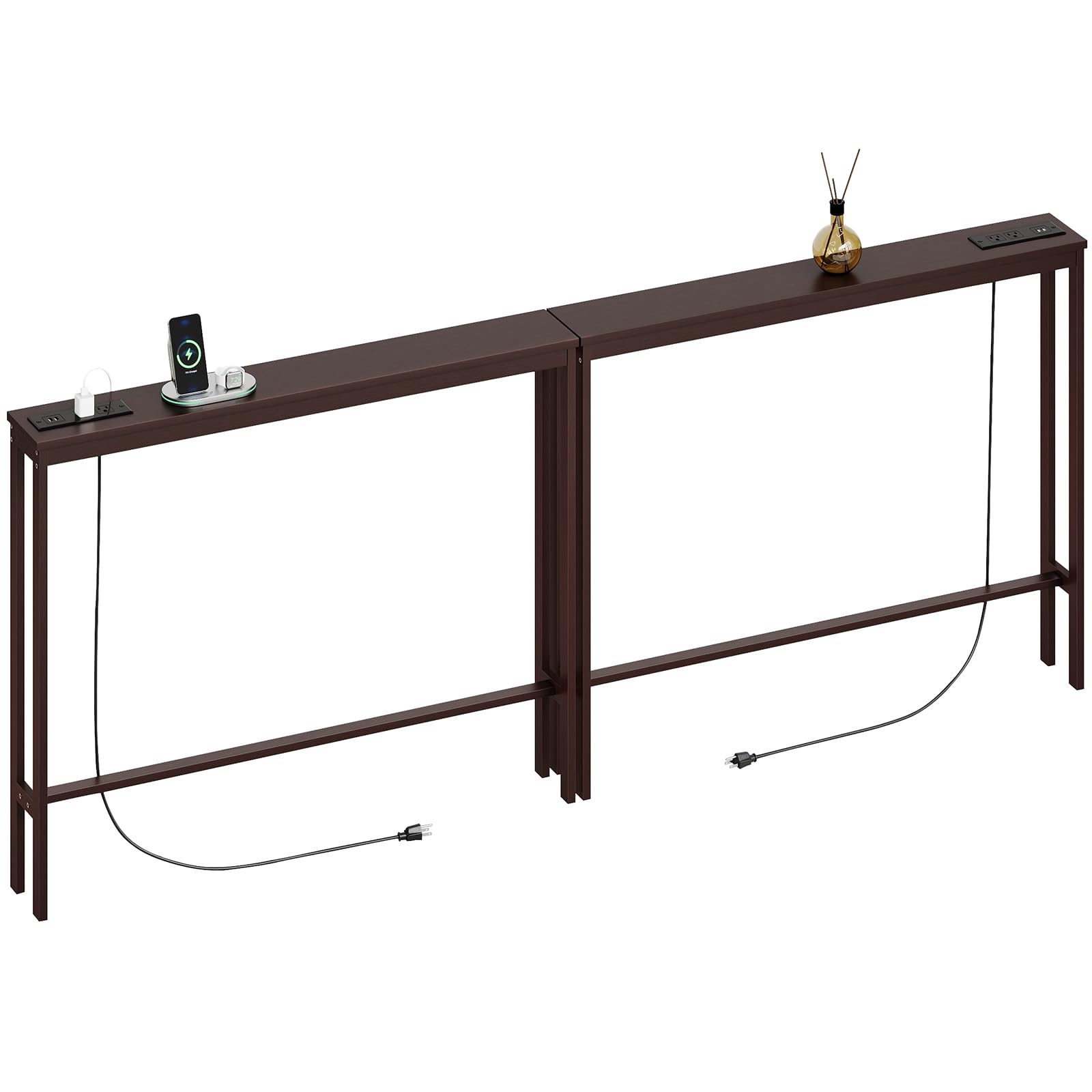 Photo 1 of [See Clerk Notes] ELYKEN Bamboo Narrow Console Table with Charging Station, 2 Pack Slim Sofa Table Behind Couch, Entryway Table with Outlets for Living Room, Hallway, 5.9 x 39.4 x 31.1in, Brown