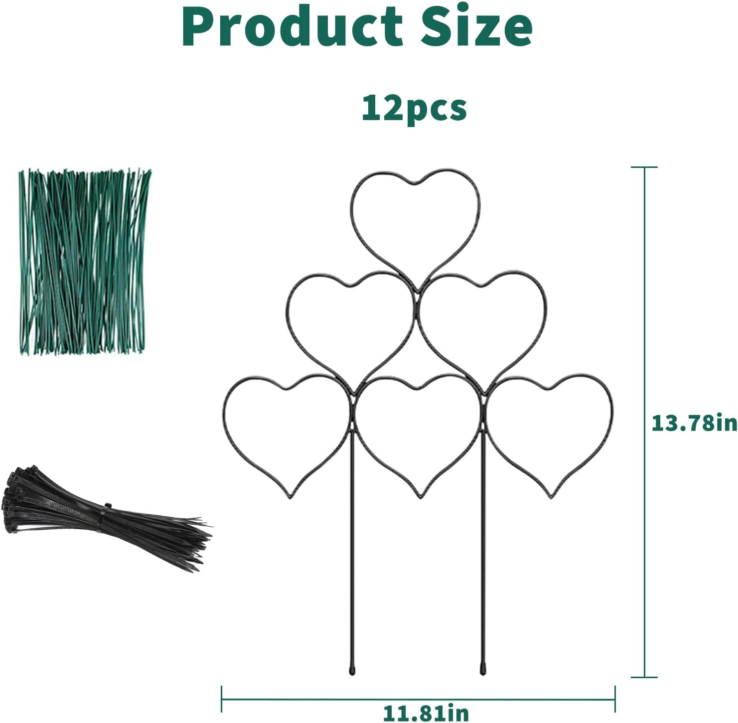 Heart-Shaped Metal Plant Trellis Set – Stackable, Rust-Resistant Garden Plant Support for Indoor and Potted Climbing Vines, Ivy, Pothos – Decorative Flower Stand, 12 Pack, 35x30cm, Black