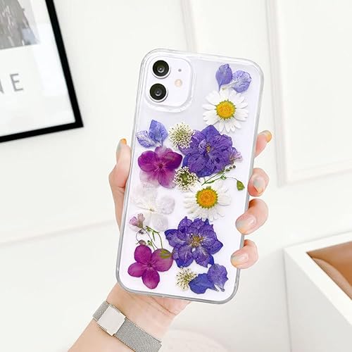 Miniatura 5 de Abbery Diseñada para iPhone 11 - Funda de flores prensadas, bonita y brillante con diseño de silicona suave de poliuretano termoplástico secas,