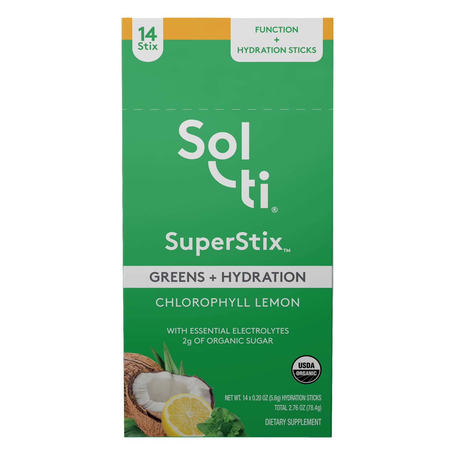 Sol-ti Organic Electrolyte Greens + Hydration Drink Mix, Superfood Hydration Sticks, SuperStix, Non-GMO, Vegan, Chlorophyll Lemon, 14 Sticks