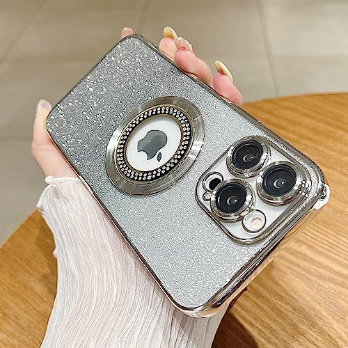 Image of Misscase for iPhone 14 Pro Max Magnetic Glitter Case Compatible with MagSafe,Full Protection Slim Shockproof Anti-Scratch Case with Camera Lens Protector Logo View Dust-Proof Net for Women Sliver