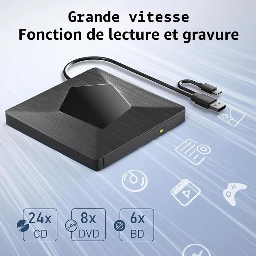 Graveur Blu-Ray Externe, Lecteur Optique Blu-Ray 3D Portable, Lecteur Blu-Ray Externe BD/CD/DVD pour PC Portable