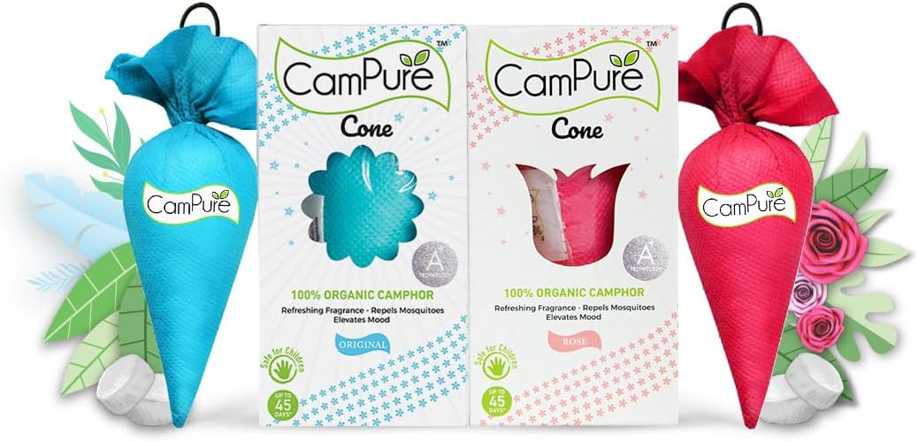 CamPure Camphor Cone (1 Original + 1 Rose) Pack Of 2-100% Organic | Air Freshener For Car, Wardrobe, Office Cabin's, Drawers, Travel Bag & Bathroom