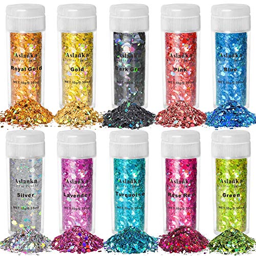 Aslanka 100g Holographic Chunky Glitter, 10 Colors Chunky Glitter for Crafts, Holographic Cosmetic Glitter for Face Body Hair Nail and DIY Art Crafting - 0.35oz Each