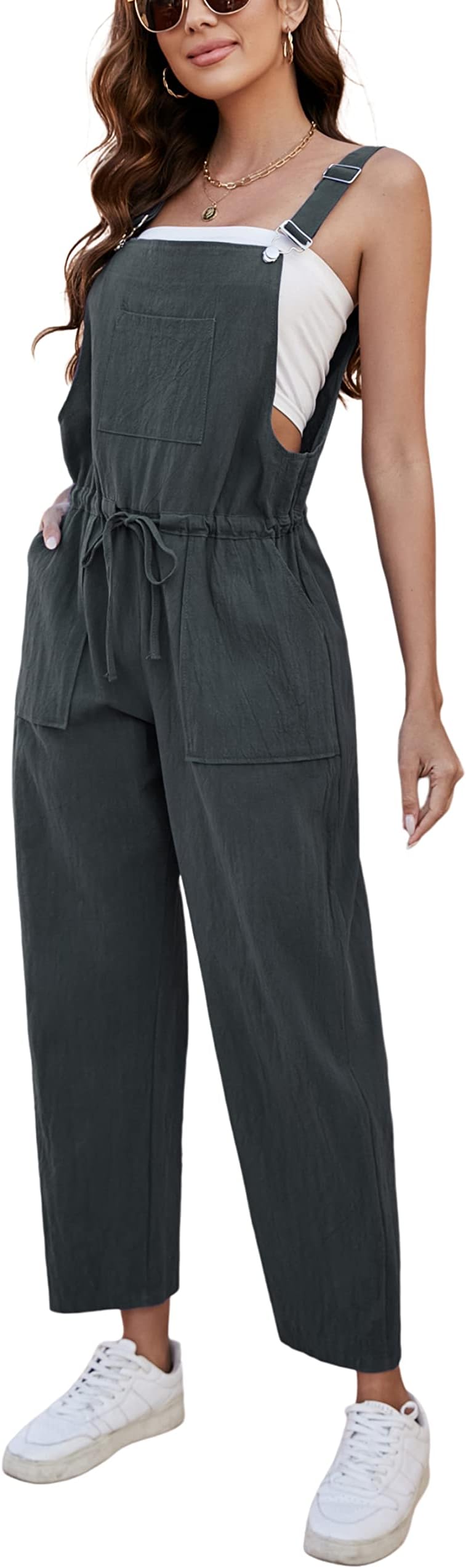 YeokouWomen's Fashion Cotton Linen Adjustable Strap Drawstring Waist Bib Overalls Jumpsuit