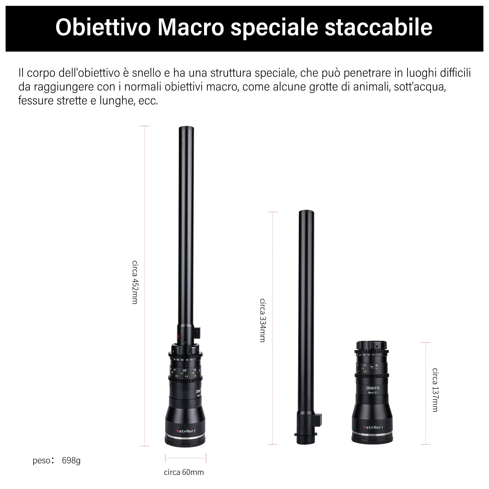 AstrHori 28mm F13 2x Lente per sonda macro Lente cine Luce ad anello incorporata con obiettivo speciale full frame per attacco Cine PL