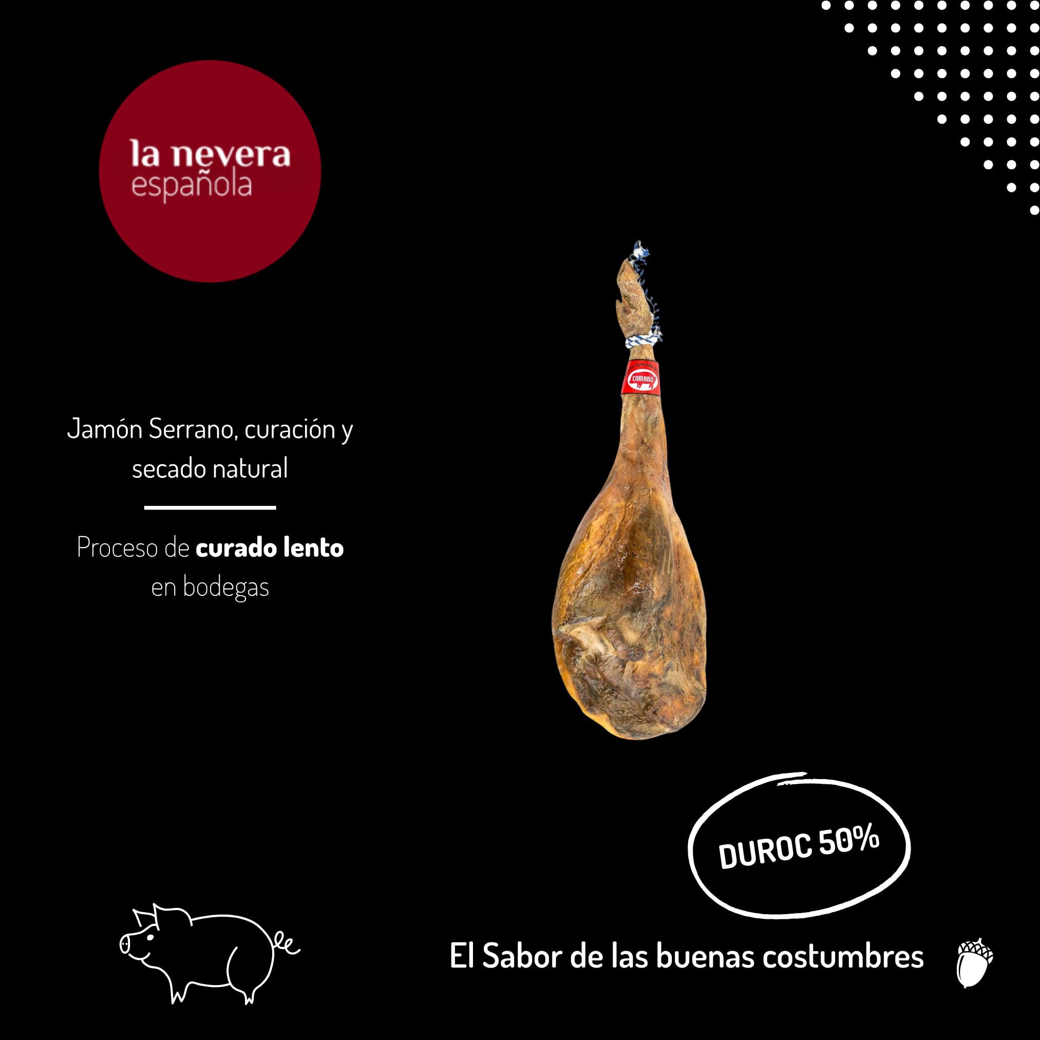 Comabu - Jamón 50% Duroc - Pieza de 8 kg Aprox. - 24 Meses de Curacion y Secado Natural - Jamón Curado con Toque Justo de Sal