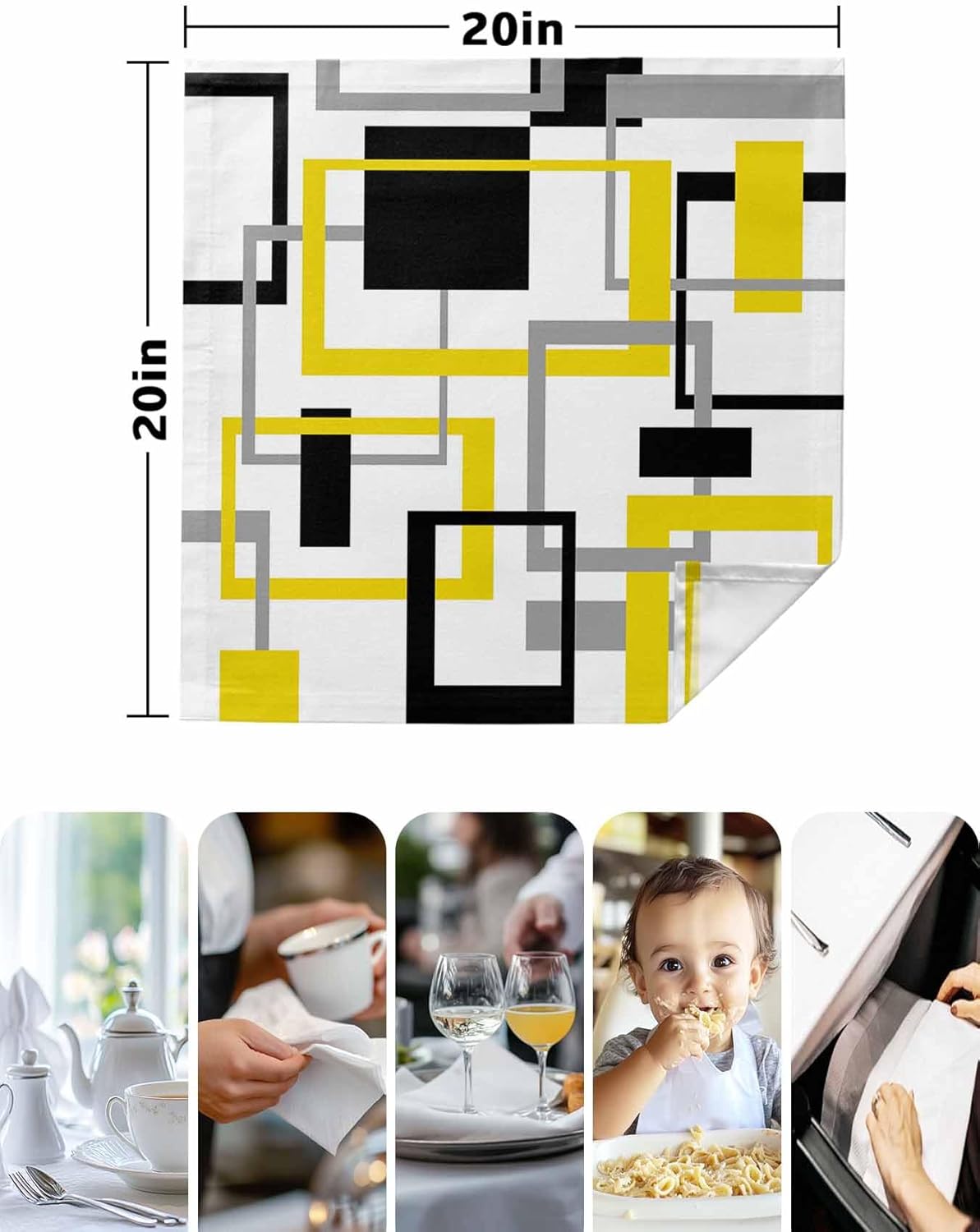 Yellow Geometric Cloth Napkins Set of 8, Black Yellow Gray Abstract Lines Dinner Napkins,20x20 Inches Reusable Napkins Cloth Washable for Dinner Party Wedding and Everyday Use