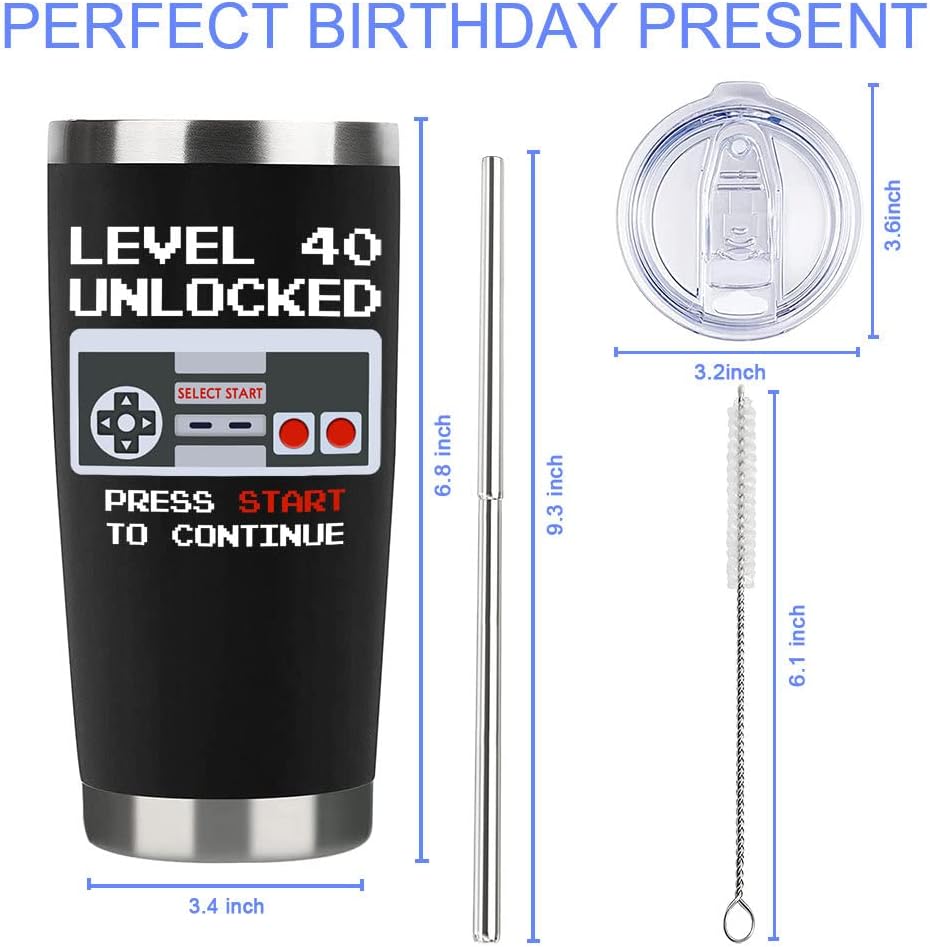 40th Birthday Gifts Men Birthday Gifts For Him 20oz Level 40 Unlocked Wine Tumbler Gifts For Video Game Lovers Husband Boyfriend Teen Boys Bday Xmas Party Presents Black Travel Cup With Straw - Image 7