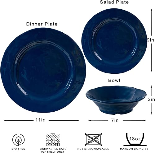 Miniatura 6 de LEHAHA Juego de vajilla azul de 18 piezas, platos de melamina para comedor en interiores y exteriores, sin BPA, reutilizable, ligero, apto para
