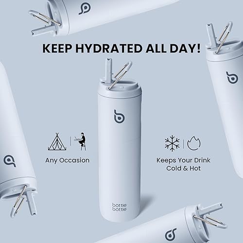 Miniatura 8 de BOTTLE BOTTLE Botella de agua aislada de 24 onzas con tapa de popote y asa para deportes, viajes, gimnasio, botellas de agua de acero inoxidable,