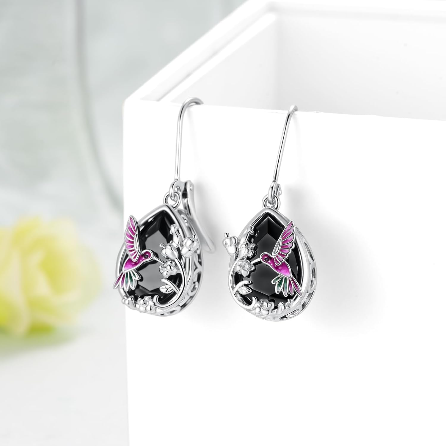 Hummingbird Black Tourmaline Earrings 925 Sterling Silver Hummingbird Dangle Earrings Animal Jewelry Gifts for Women - Image 2