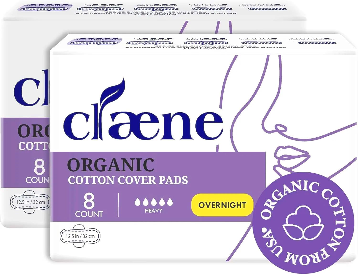 Claene Organic Cotton Cover Pads, Cruelty-Free, Menstrual Overnight Pads for Women, Unscented, Breathable, Vegan, Natural Sanitary Napkins with Wings
