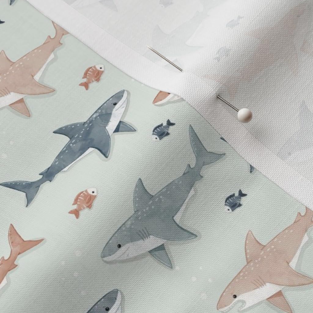 Spoonflower Fabric - Watercolor Sharks Coastal Nautical Boho Mint Blue Beach Ocean Seaside Printed on Petal Cotton Fabric Fat Quarter - Sewing Quilting Apparel Crafts Decor